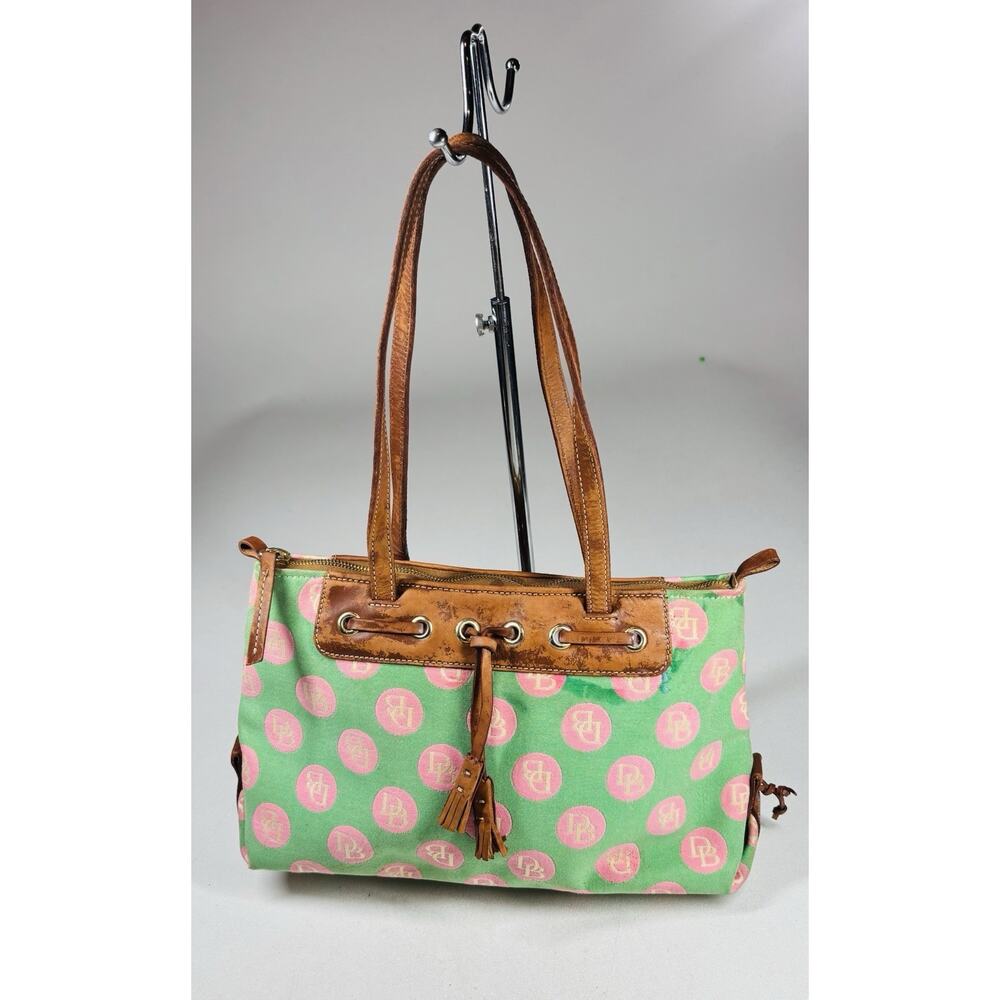 Dooney Bourke VTG Green Pink Canvas Monogram Leather Drawstring Tote Bag Y2K